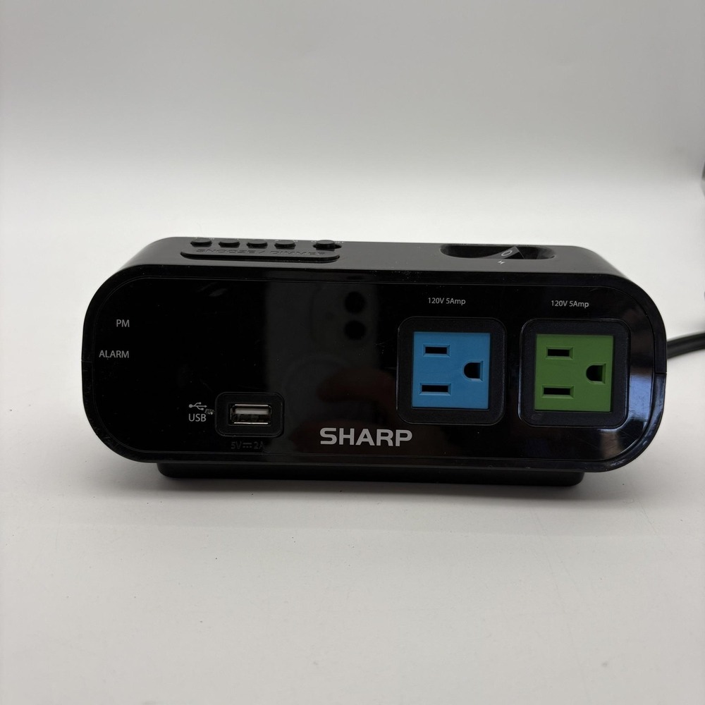 Sharp SPC137 LED Alarm Clock Black‎ W/ AC Outlets USB Charging Port Power Strip